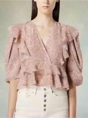 The Kooples Silk Crop Top Womens Pink Paisley V-Neck Ruffle Blouse